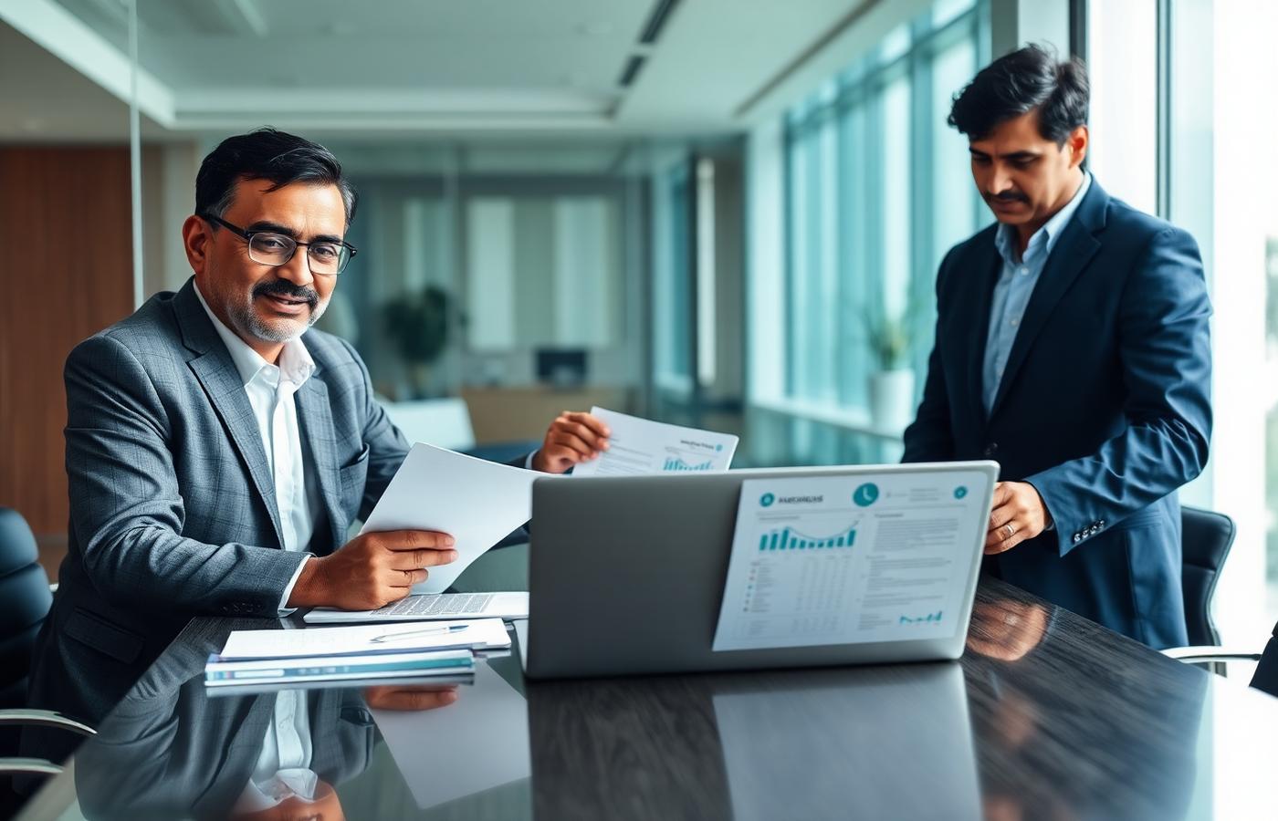 Compliance advisers reviewing governance documents with business leaders